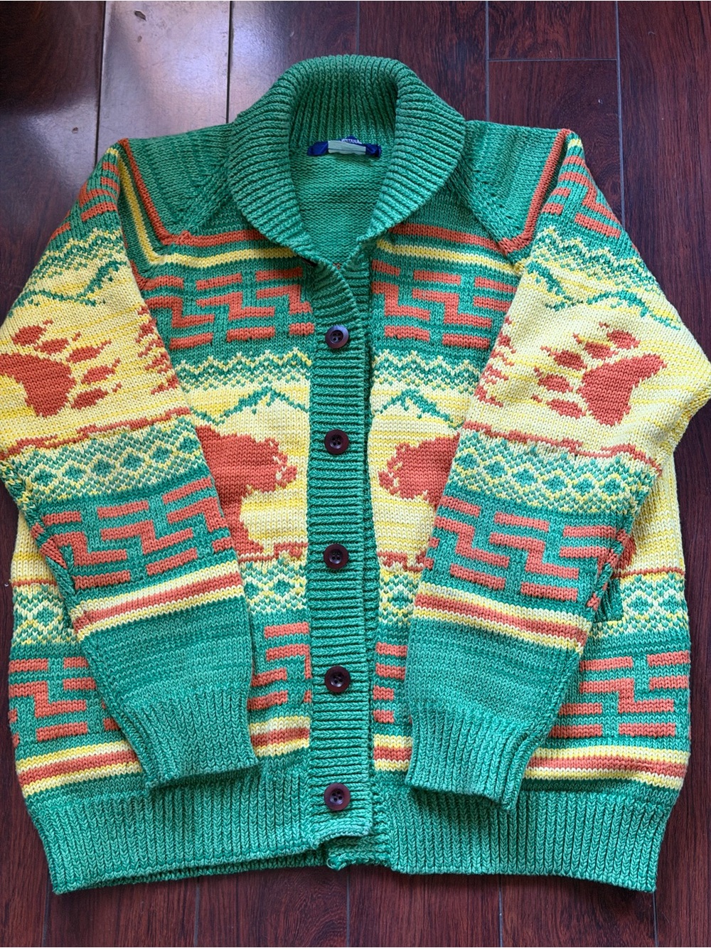 Junya Watanabe Green, Yellow & Orange Patterned Shawl-Collar Cardigan
